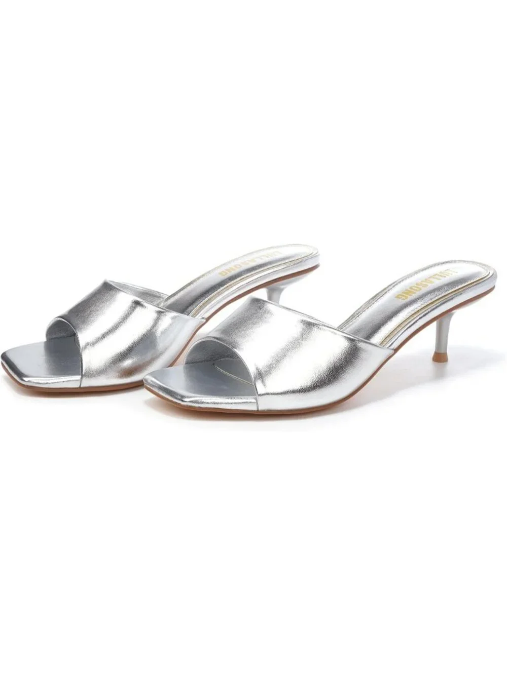 Women's Silver Faux Leather Square Open Toe Low Heels 2 Inch Heeled Sandals